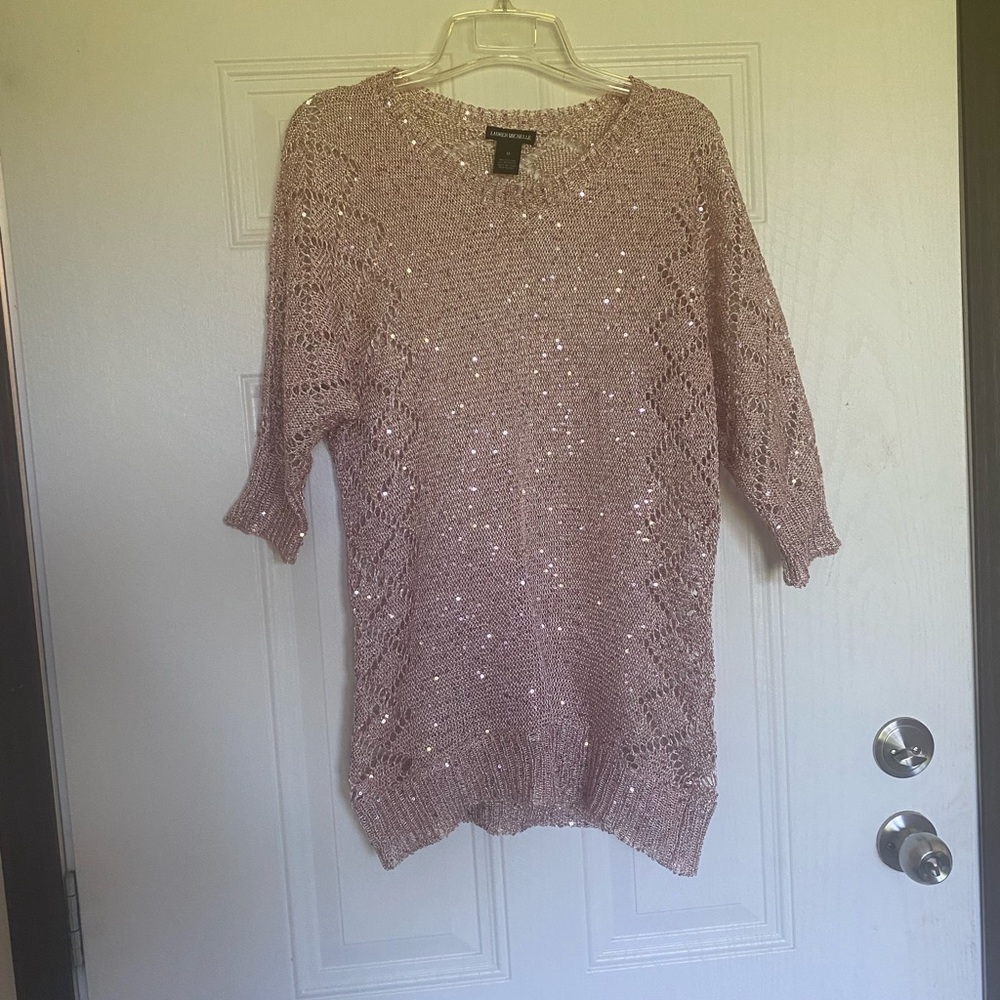 Lauren Michelle Rose Open-Knit Sequin Crewneck Sweater